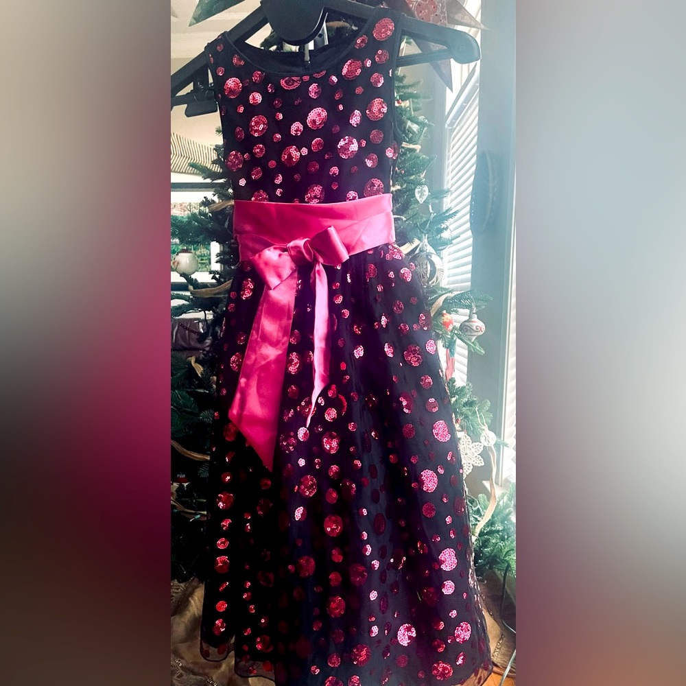 Matching Girl/Doll Dress 12 Black Pink Sequin Satin Sash- Doll sold separately